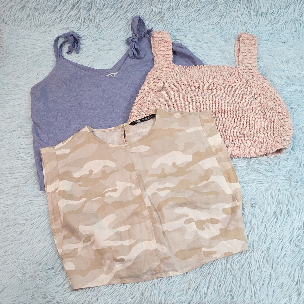 Zara Lot of 3 Crop Tops Women M Camo Linen Smocked Pink Lavender Tank Bundle